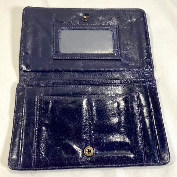 Latico Leather Wallet Navy Blue Brass Snap Closure Fold Over Floral Lining - Picture 2 of 6